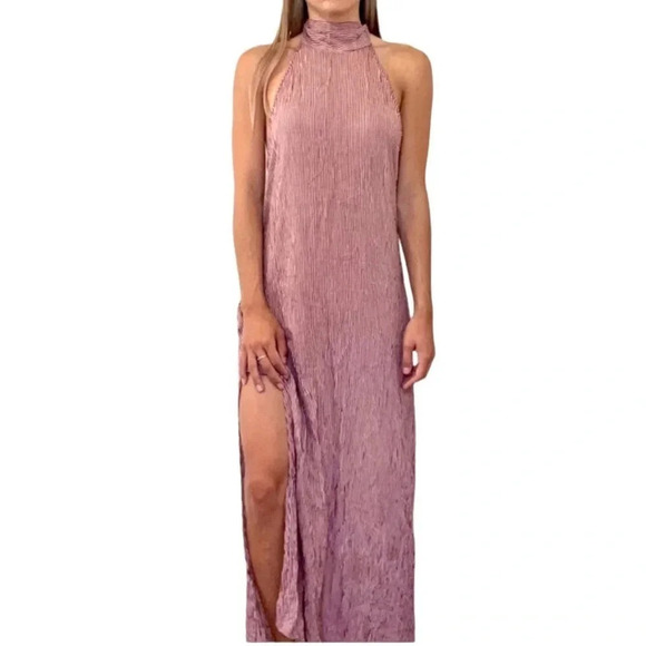 Faithfull The Brand Halter Mirror Door Striped Maxi Dress Slit Sides Size 6 - Picture 2 of 13